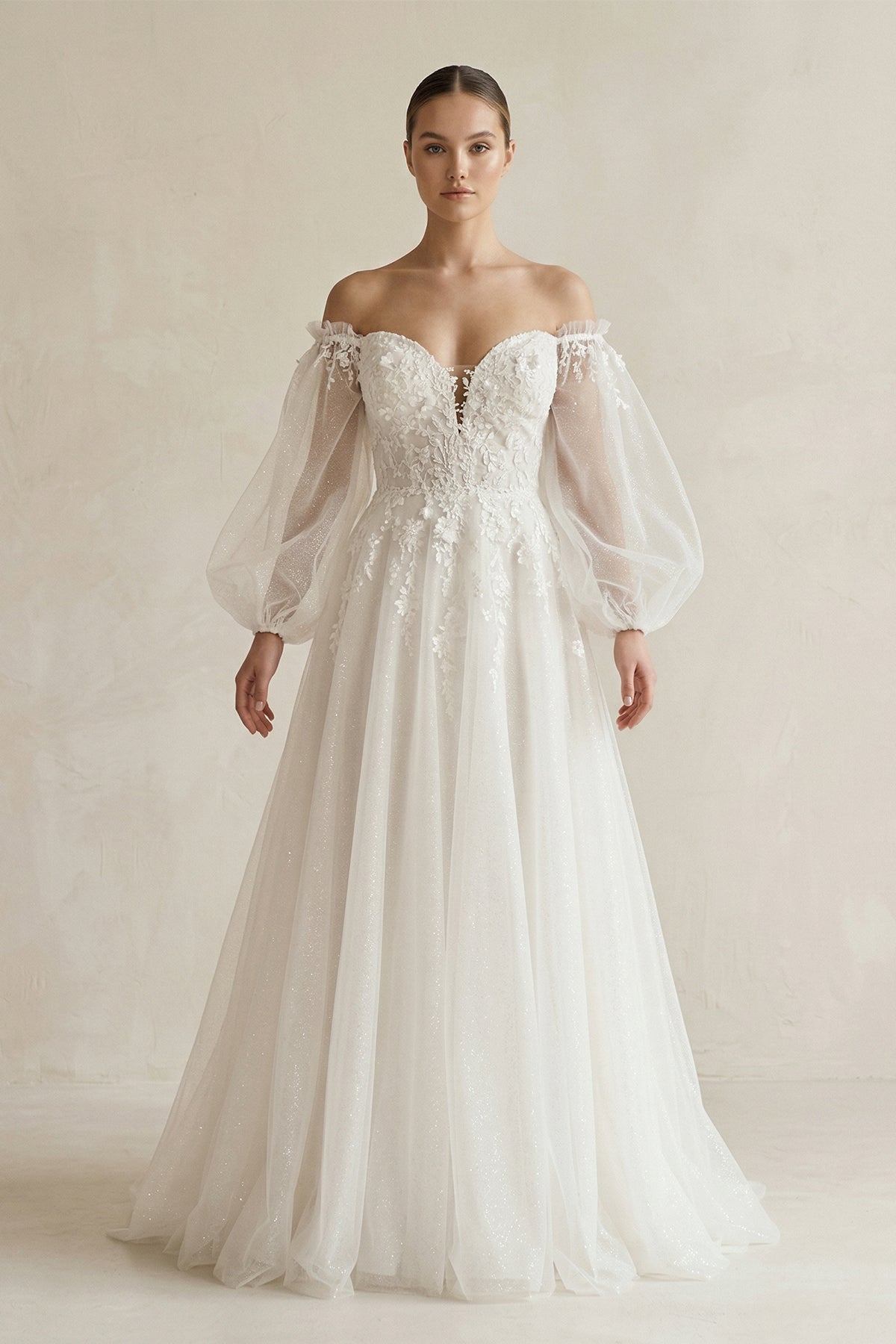 Appliqued Tulle A-Line Off-the Shoulder Wedding Dress With Sleeve in White