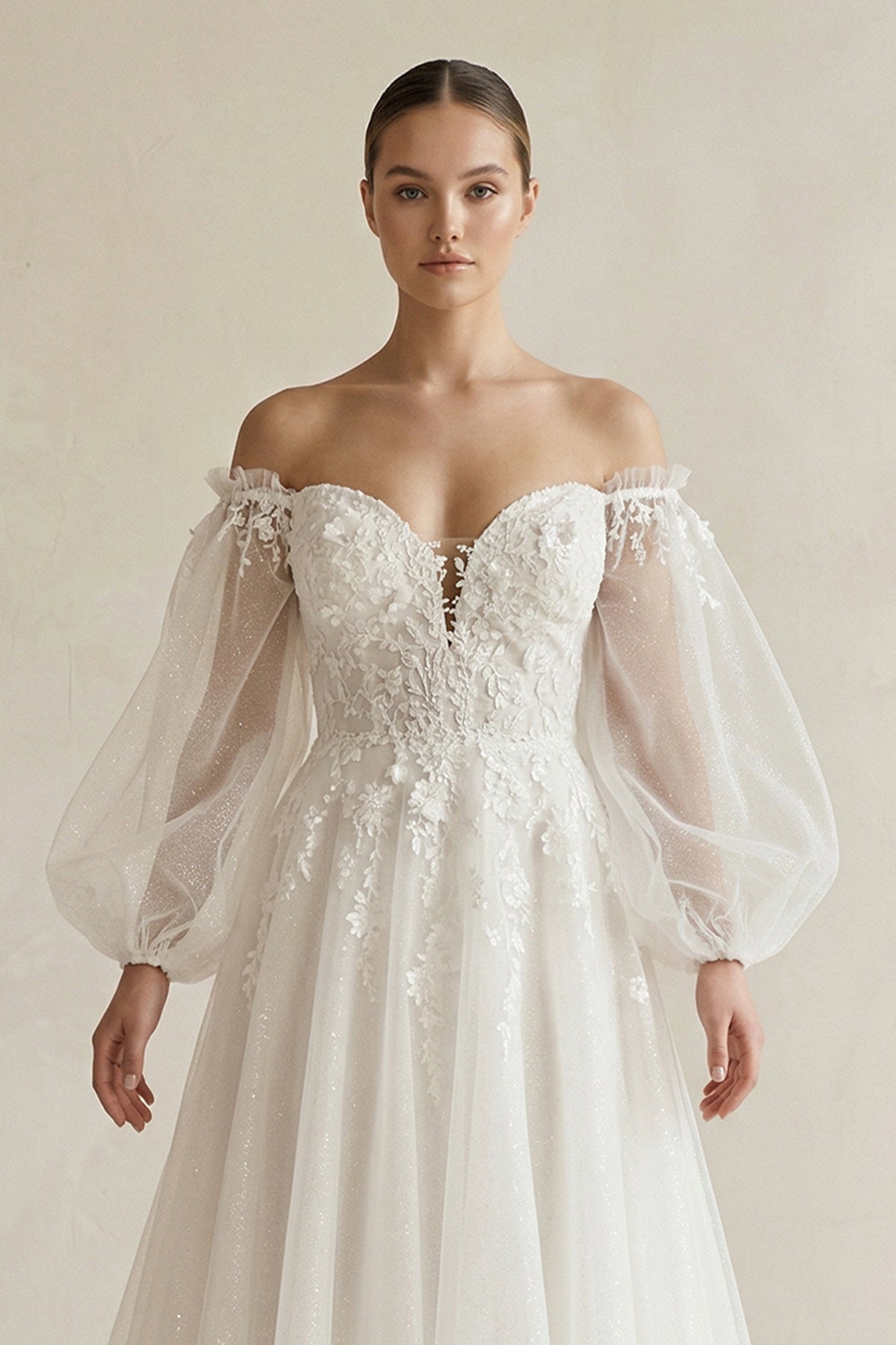 Appliqued Tulle A-Line Off-the Shoulder Wedding Dress With Sleeve in White
