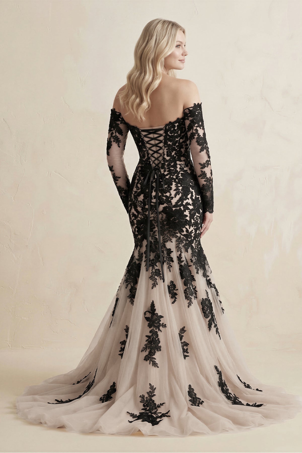 Appliqued Tulle Mermaid Off-the-Shoulder Wedding Dress in Black