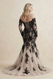 Appliqued Tulle Mermaid Off-the-Shoulder Wedding Dress in Black