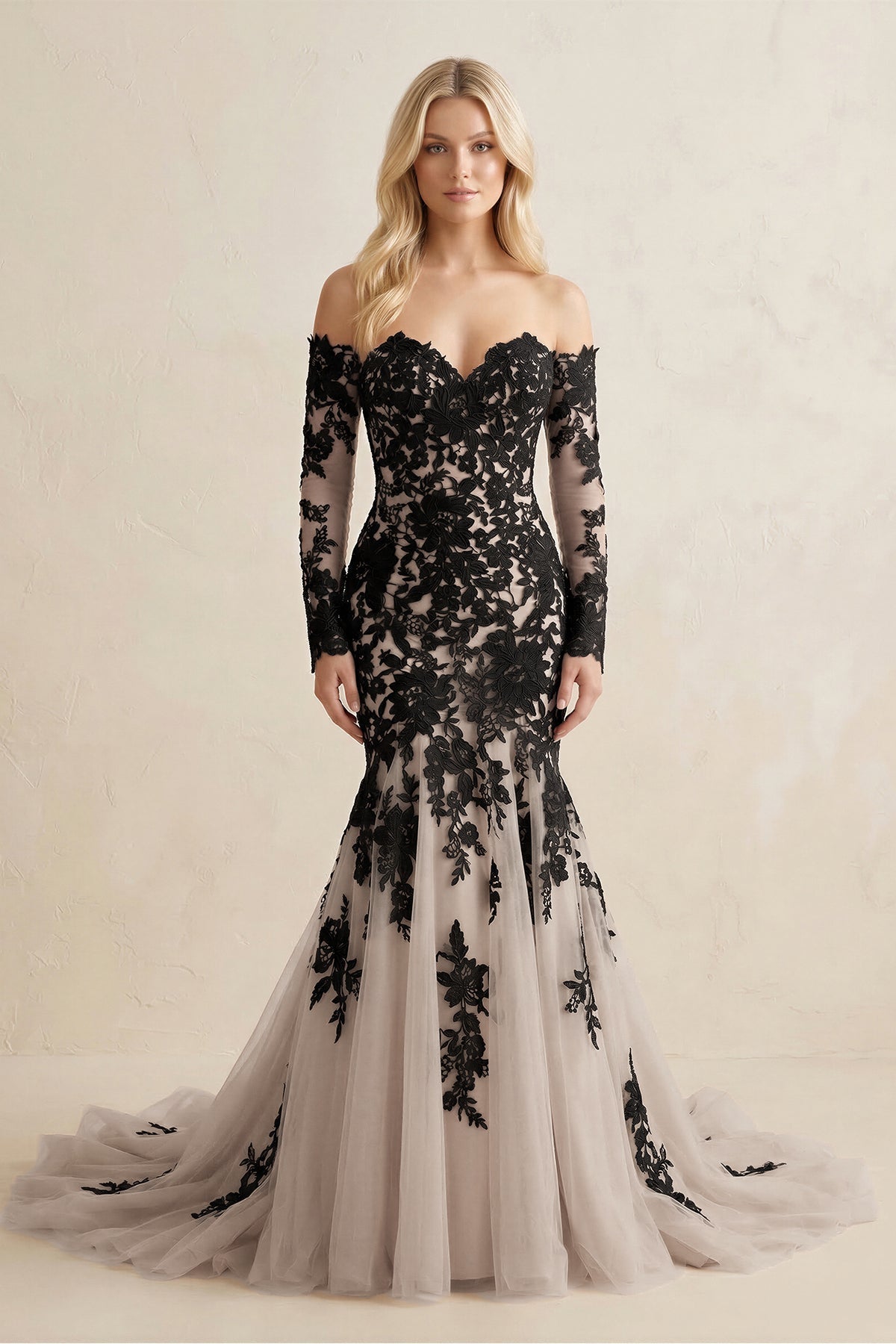 Appliqued Tulle Mermaid Off-the-Shoulder Wedding Dress in Black
