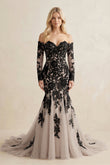 Appliqued Tulle Mermaid Off-the-Shoulder Wedding Dress in Black