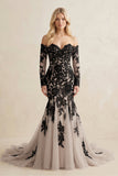 Appliqued Tulle Mermaid Off-the-Shoulder Wedding Dress in Black