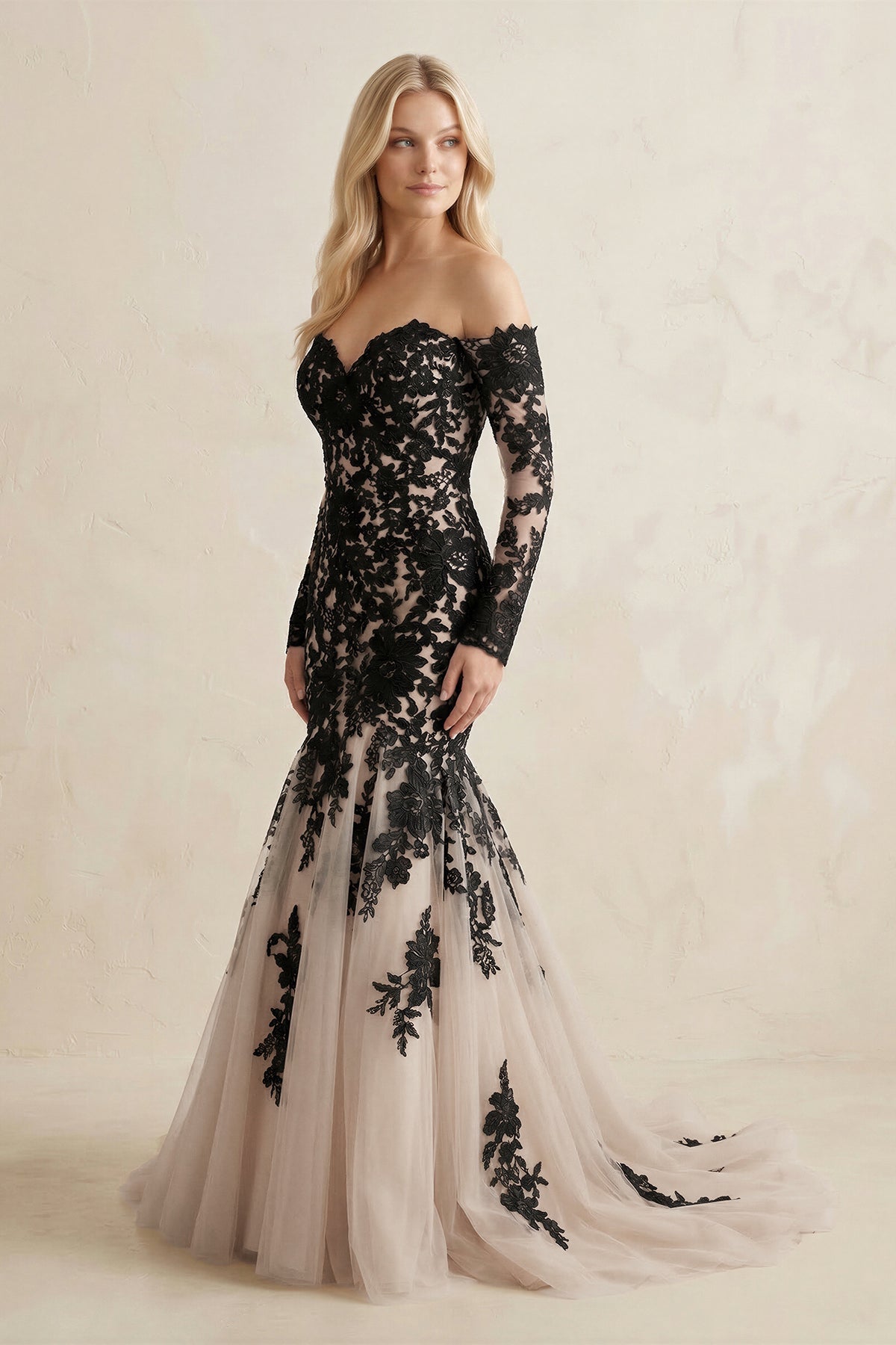 Appliqued Tulle Mermaid Off-the-Shoulder Wedding Dress in Black