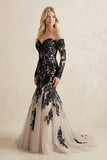 Appliqued Tulle Mermaid Off-the-Shoulder Wedding Dress in Black