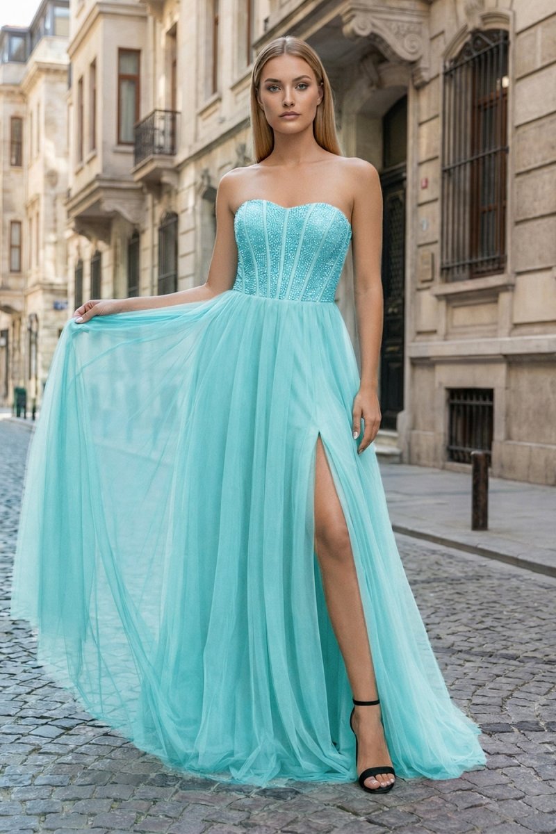 A-Line Sweetheart Beads Empire-Waist Sleeveless Prom Dress With Slit