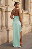 Pink One Shoulder Sheath Satin Long Prom Dresses With Slit