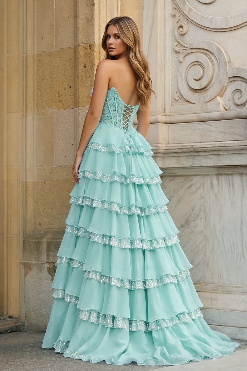 Sky Blue Sweetheart A Line Sequined Lace Ruffled Long Prom Dresses With Appliques