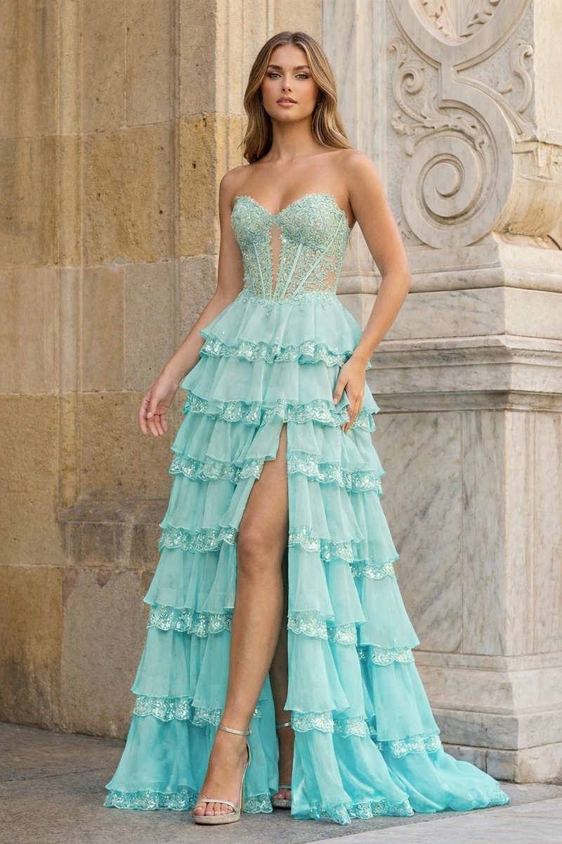 Sky Blue Sweetheart A Line Sequined Lace Ruffled Long Prom Dresses With Appliques