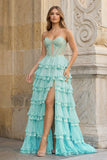 Sky Blue Sweetheart A Line Sequined Lace Ruffled Long Prom Dresses With Appliques