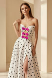 Black-White Sweetheart A Line Polka Dots Satin Long Formal Prom Dresses With Bow