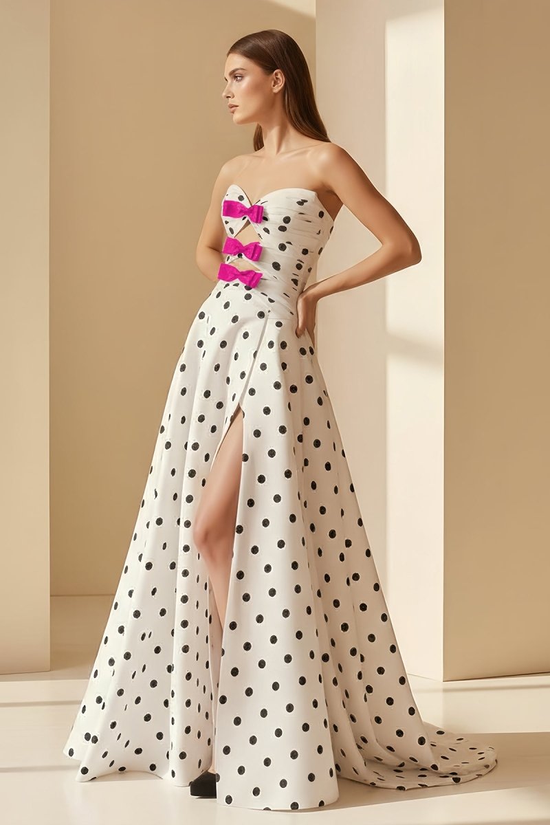 Black-White Sweetheart A Line Polka Dots Satin Long Formal Prom Dresses With Bow