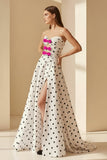 Black-White Sweetheart A Line Polka Dots Satin Long Formal Prom Dresses With Bow