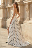 Black-White Sweetheart A Line Polka Dots Satin Long Formal Prom Dresses With Bow