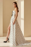 Black-White Sweetheart A Line Polka Dots Satin Long Formal Prom Dresses With Bow
