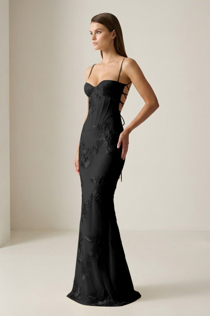 Yellow Spaghetti Straps Sheath Long Prom Dresses With Floral Embroidery