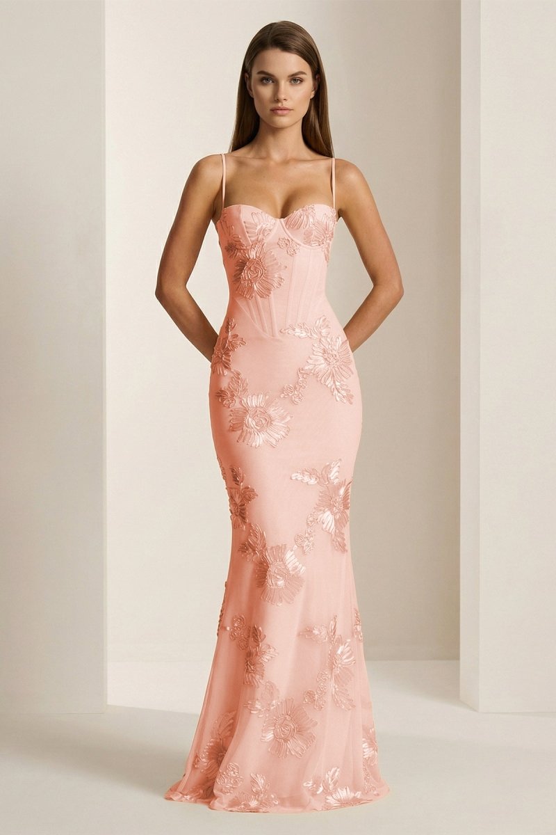 Yellow Spaghetti Straps Sheath Long Prom Dresses With Floral Embroidery