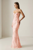Yellow Spaghetti Straps Sheath Long Prom Dresses With Floral Embroidery