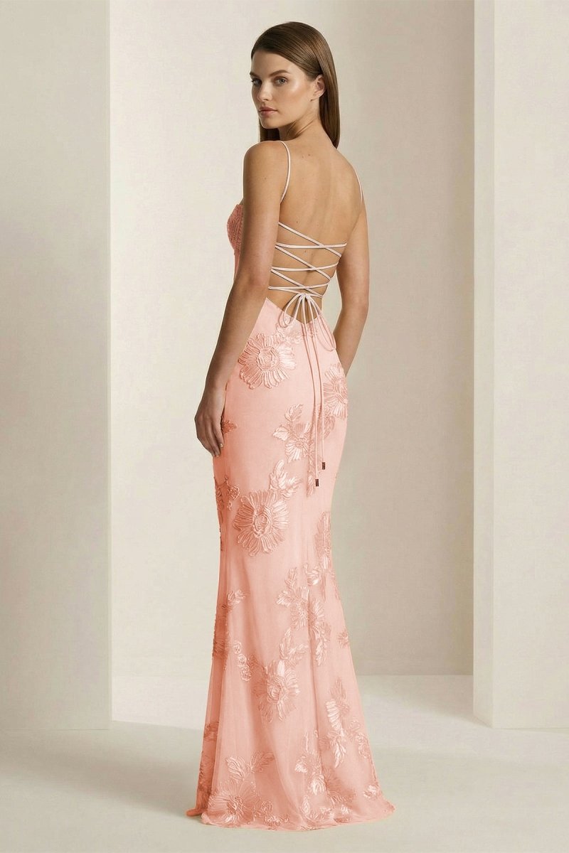 Yellow Spaghetti Straps Sheath Long Prom Dresses With Floral Embroidery