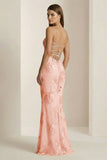 Yellow Spaghetti Straps Sheath Long Prom Dresses With Floral Embroidery