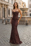 Yellow Spaghetti Straps Sheath Long Prom Dresses With Floral Embroidery