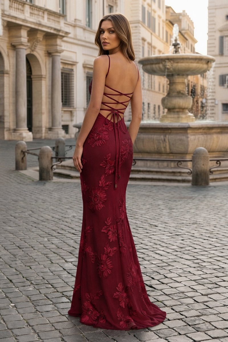 Yellow Spaghetti Straps Sheath Long Prom Dresses With Floral Embroidery