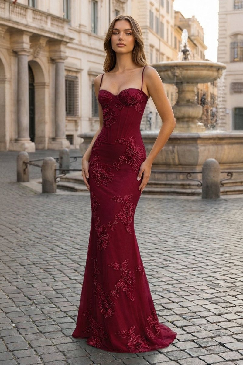 Yellow Spaghetti Straps Sheath Long Prom Dresses With Floral Embroidery