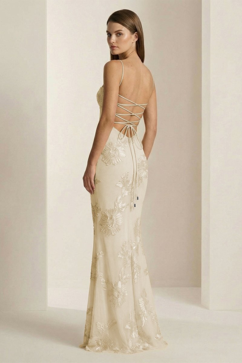 Yellow Spaghetti Straps Sheath Long Prom Dresses With Floral Embroidery