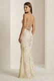 Yellow Spaghetti Straps Sheath Long Prom Dresses With Floral Embroidery