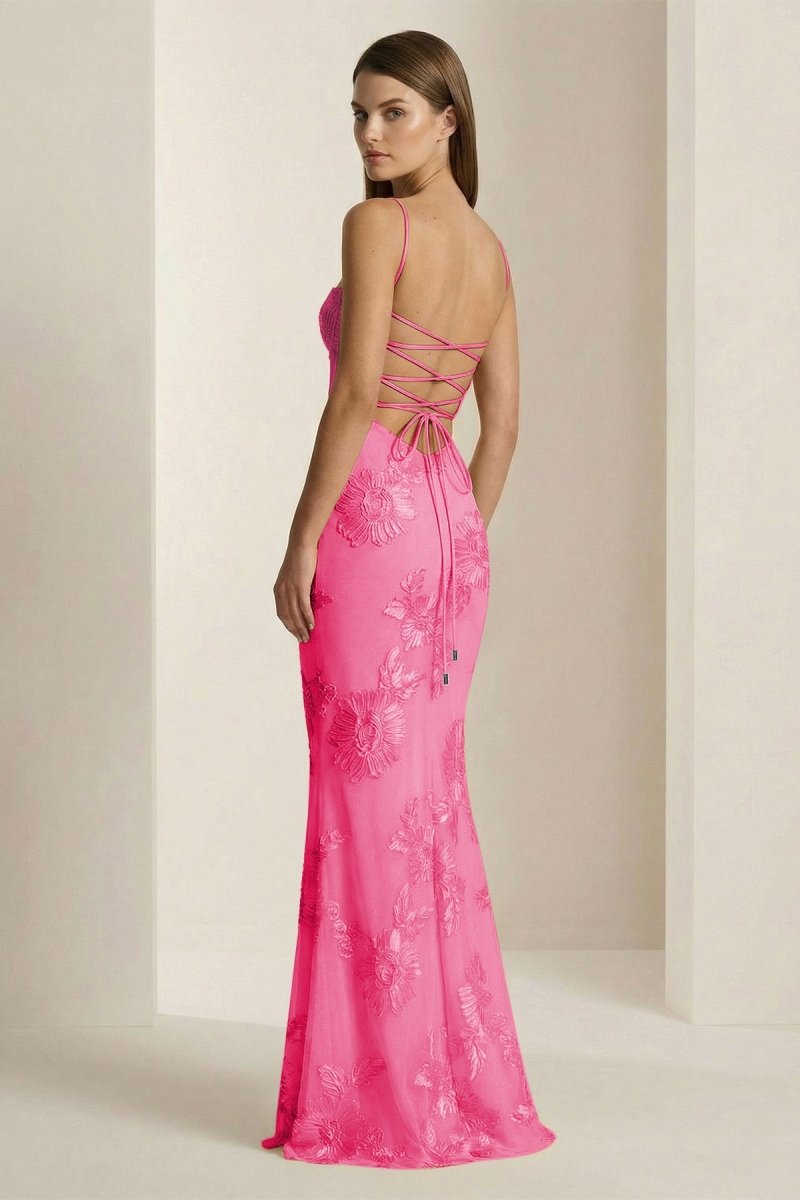 Yellow Spaghetti Straps Sheath Long Prom Dresses With Floral Embroidery