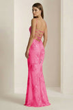 Yellow Spaghetti Straps Sheath Long Prom Dresses With Floral Embroidery