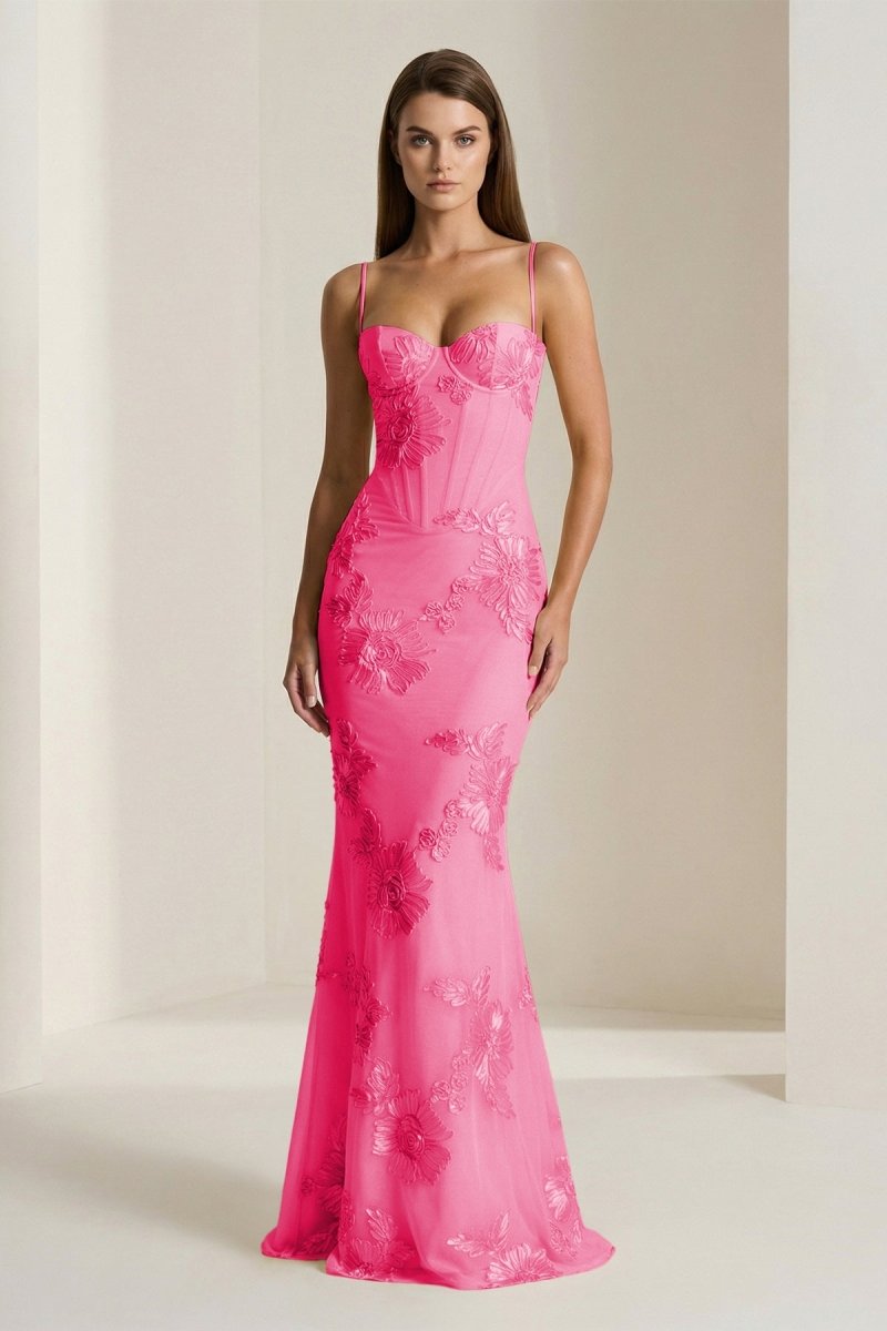 Yellow Spaghetti Straps Sheath Long Prom Dresses With Floral Embroidery