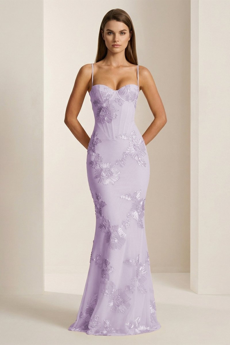 Yellow Spaghetti Straps Sheath Long Prom Dresses With Floral Embroidery