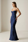 Yellow Spaghetti Straps Sheath Long Prom Dresses With Floral Embroidery