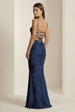 Yellow Spaghetti Straps Sheath Long Prom Dresses With Floral Embroidery
