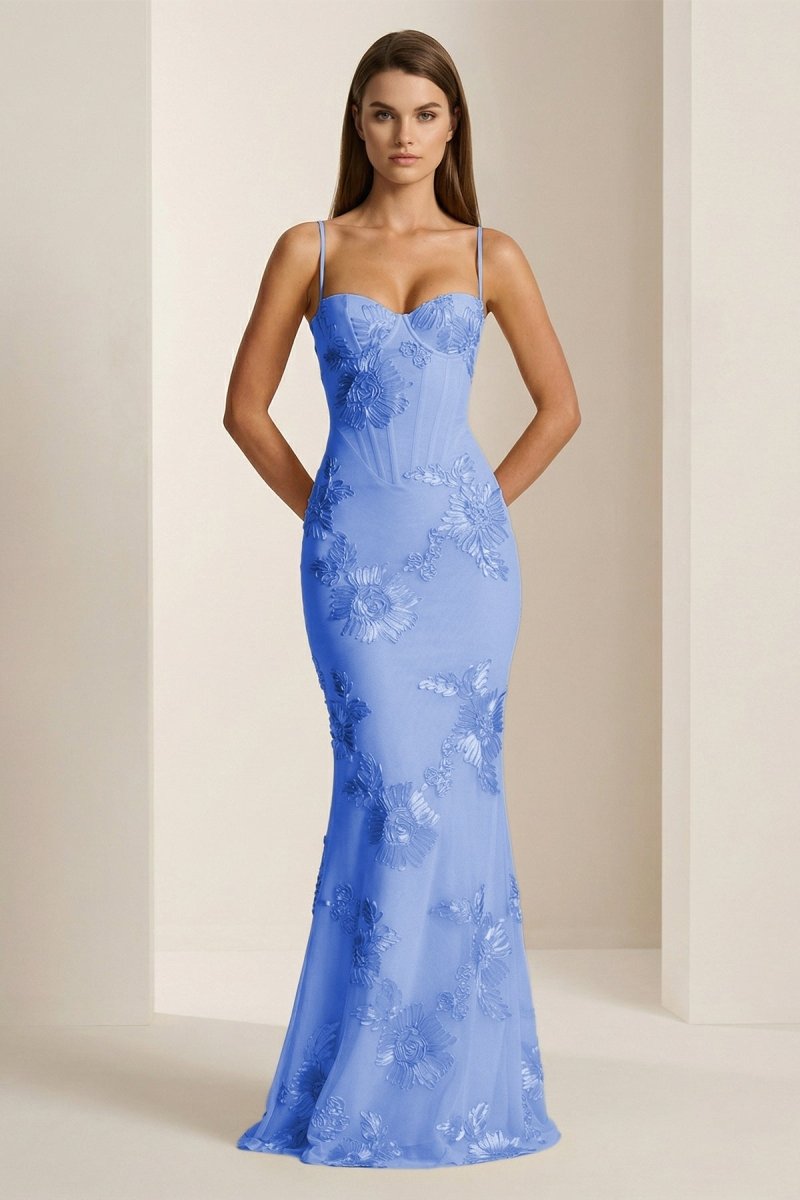 Yellow Spaghetti Straps Sheath Long Prom Dresses With Floral Embroidery