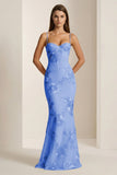 Yellow Spaghetti Straps Sheath Long Prom Dresses With Floral Embroidery