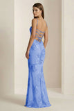 Yellow Spaghetti Straps Sheath Long Prom Dresses With Floral Embroidery