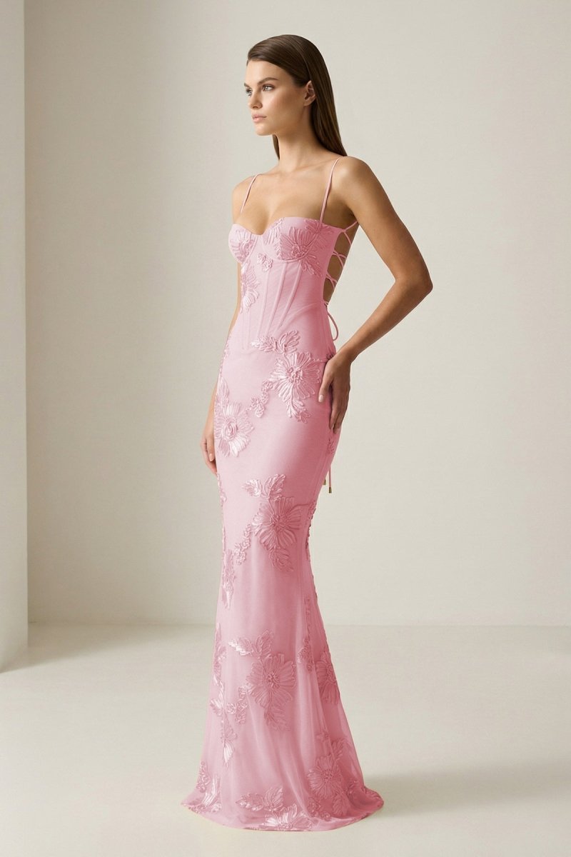 Yellow Spaghetti Straps Sheath Long Prom Dresses With Floral Embroidery