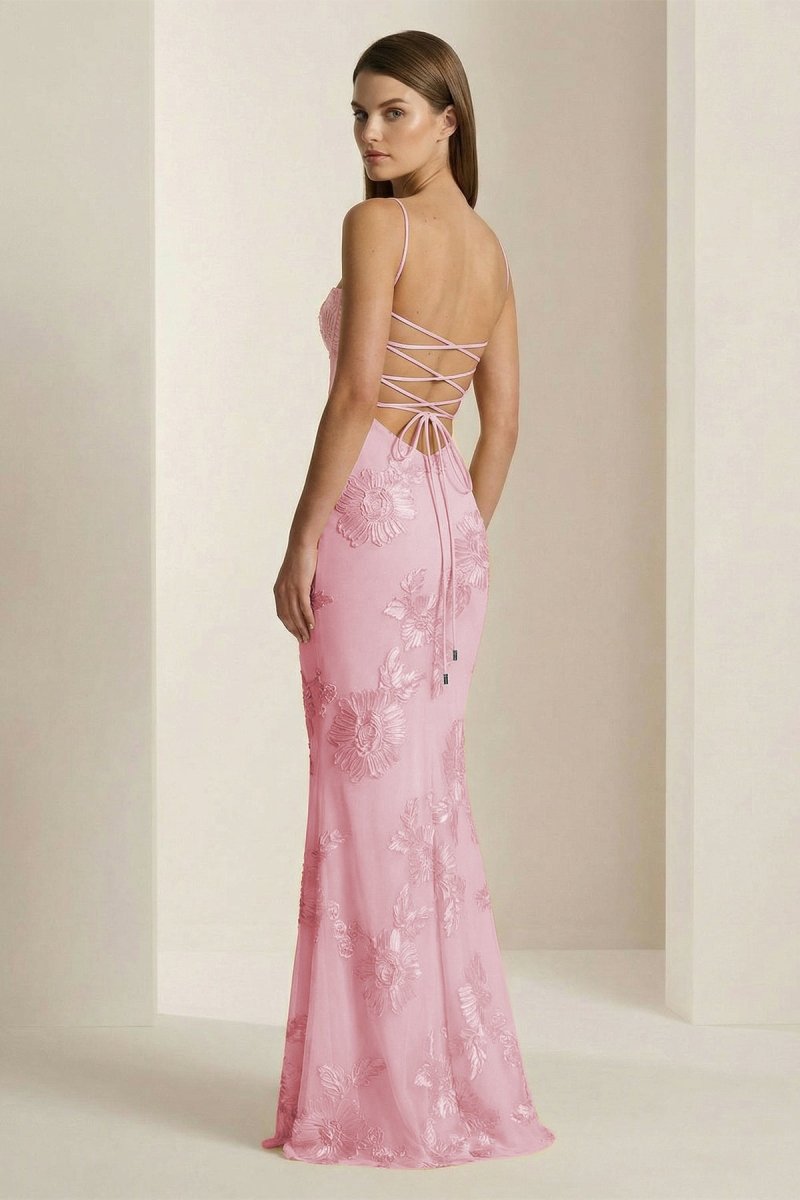 Yellow Spaghetti Straps Sheath Long Prom Dresses With Floral Embroidery