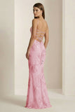 Yellow Spaghetti Straps Sheath Long Prom Dresses With Floral Embroidery