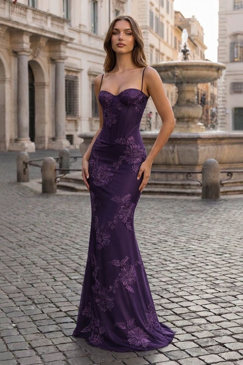 Yellow Spaghetti Straps Sheath Long Prom Dresses With Floral Embroidery