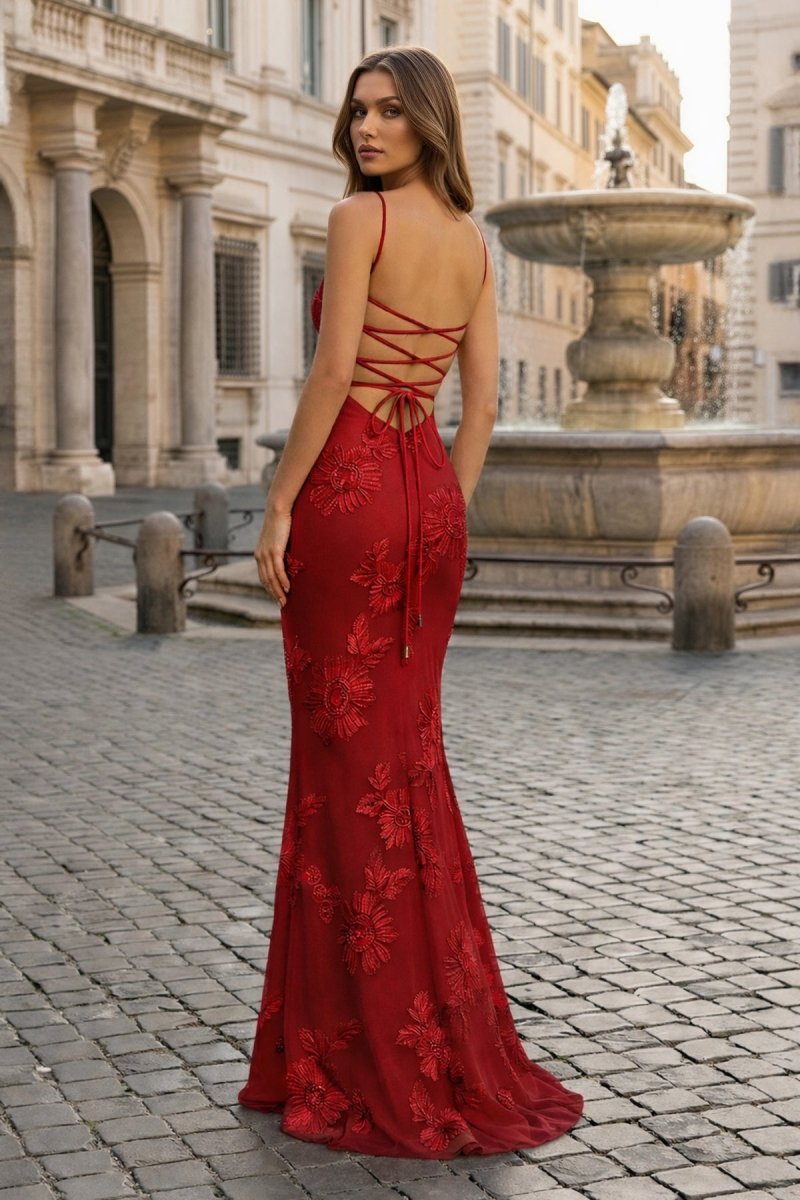 Yellow Spaghetti Straps Sheath Long Prom Dresses With Floral Embroidery