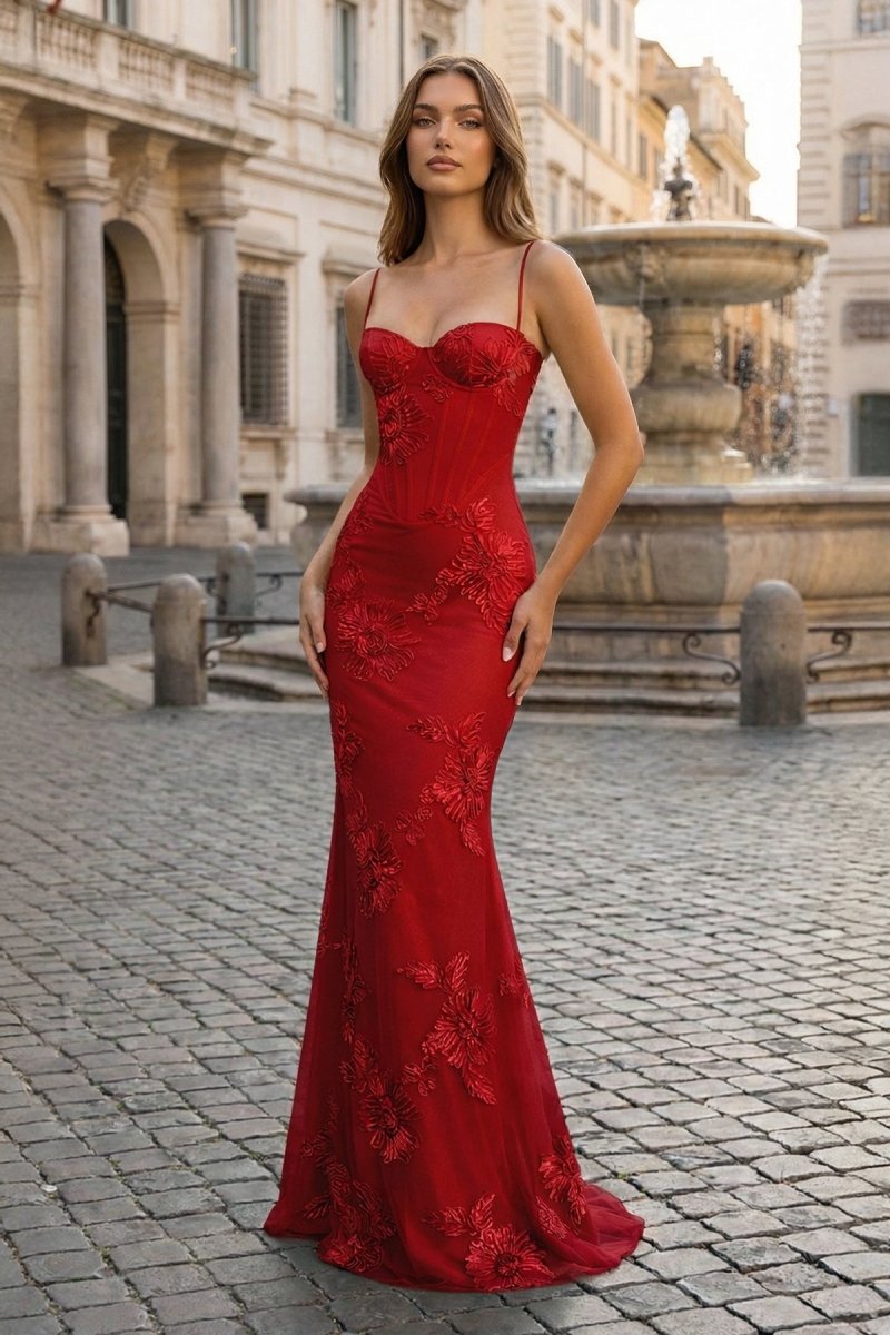 Yellow Spaghetti Straps Sheath Long Prom Dresses With Floral Embroidery