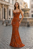 Yellow Spaghetti Straps Sheath Long Prom Dresses With Floral Embroidery