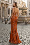 Yellow Spaghetti Straps Sheath Long Prom Dresses With Floral Embroidery