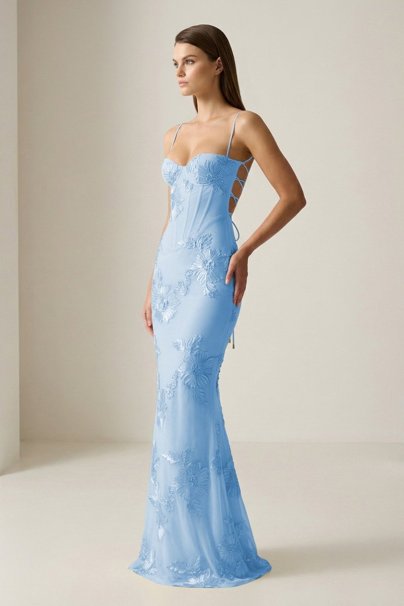 Yellow Spaghetti Straps Sheath Long Prom Dresses With Floral Embroidery