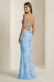 Yellow Spaghetti Straps Sheath Long Prom Dresses With Floral Embroidery