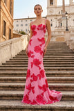 Yellow Spaghetti Straps Sheath Long Prom Dresses With Floral Embroidery
