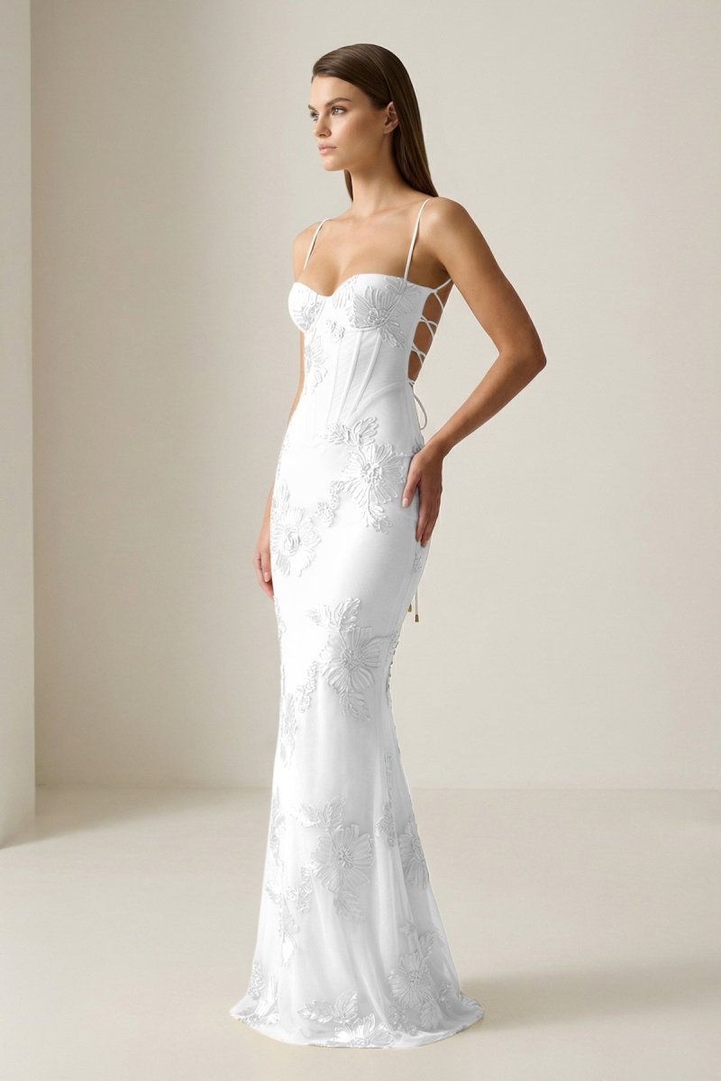 Yellow Spaghetti Straps Sheath Long Prom Dresses With Floral Embroidery